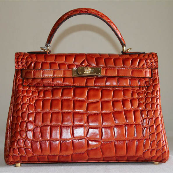 7A Replica Hermes Kelly 32cm Crocodile Veins Leather Bag Orange HC0001 (4)